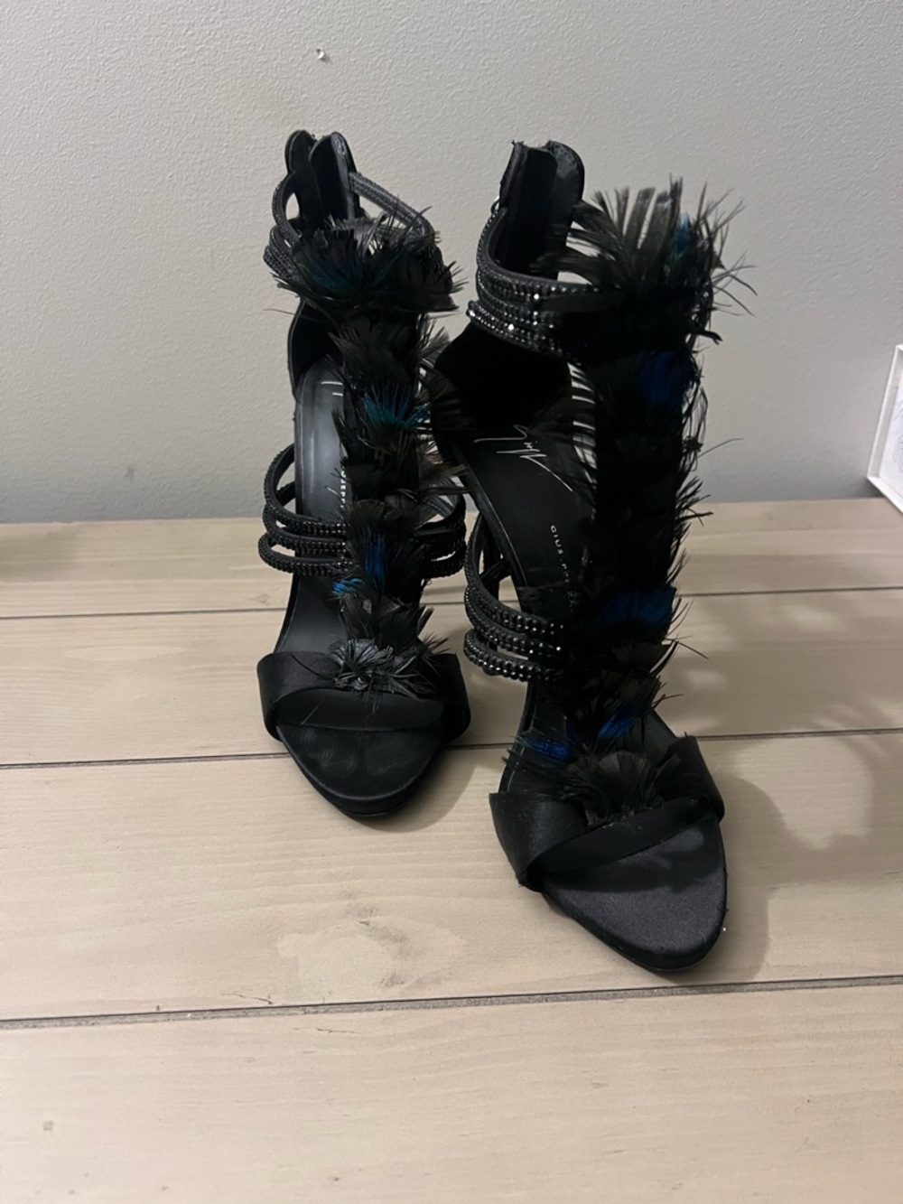 Giuseppe Zanotti Black Feather & Crystal High Heel Sandals